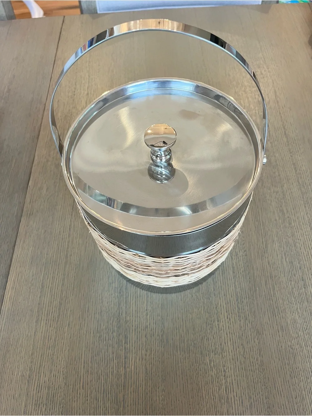 Tommy Bahama Silver and Natural Wicker Ice Bucket with Handle